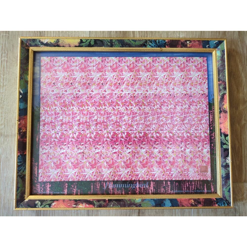 Vintage 1993 Hummingbird Magic Eye Framed Poster NVision AS IS